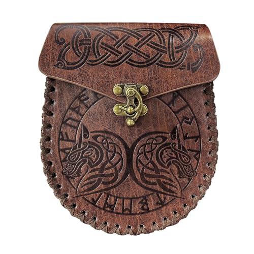 Viking Celtic Wolf Graphics Leder Gürteltasche Für Männer Frauen - Nordic Odin Tier Geprägte Gürteltasche - Handgemachte Mittelalterliche Renaissance Vintage Tragbare Gürteltasche(Brown) von yayoitimes