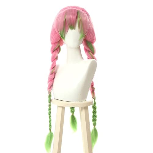 Anime Coser Anime Cosplay Demon Slayer Perücke, Kanroji Mitsuri Perücke for Kimetsu no Yaiba Charaktere Grün und Pink Lolita geflochtene lange Perücke mit Perückenkappe, for Halloween, Party, Karneval von ydound