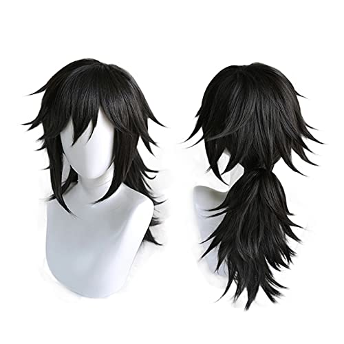 Anime Coser Perücke Demon Slayer KIMETSU No Yaiba Tomioka Giyuu Schwarz Schwarz Pony Laton Perücke Cosplay Kostüm Hitzebeständig Synthetisches Haar Männer Perücken Frauen Perücken von ydound