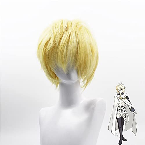 Anime Coser pruik Seraph des Endes Mikaela Hyakuya 32cm Perücke Cosplay Rambut Sintetis Tahan Panas Pirang Emas Pendek von ydound