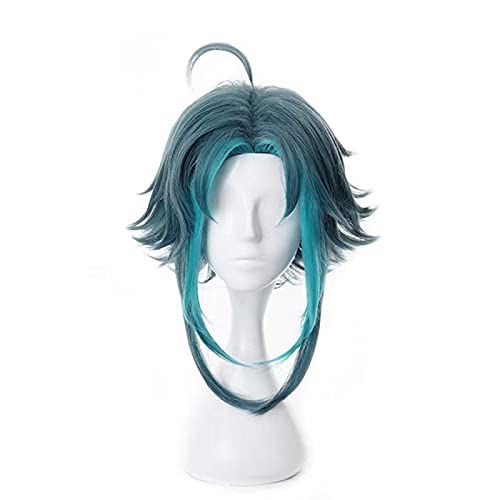 WHBHD Genshin Wirkung Xiao Perücke Cosplay Perücke Mischt Dunkel Grün Blau Kurz Hitzebeständige Synthetische Haare Erwachsene Halloween Rollenspiele Perücken von ydound