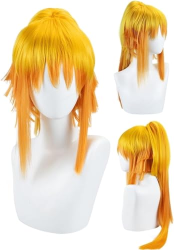 Wig Anime Cosplay Anime Cosplay Demon Slayer Perücke, gelbes langes Klauen-Clip-Pferdeschwanz-Kunsthaar for weibliche Zenitsu Agatsuma Kimetsu No Yaiba-Rollenspiel-Halloween-Perücken mit Perückenkappe von Uearlid