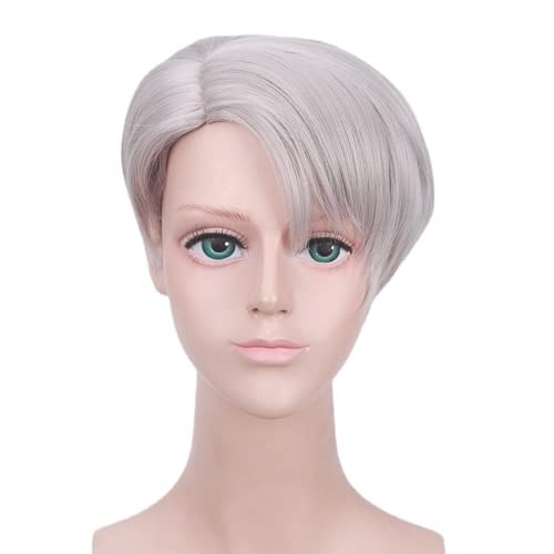 ydound Anime Coser Anime Cosplay Perücke Yuri!!!on Ice Victor Nikiforov, silbergraues kurzes glattes Haar mit Perückenkappe, for Halloween, Party, Karneval, Nachtleben, Konzerte von ydound