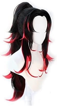 ydound Anime Coser Wig Demon Slayer: Kimetsu No Yaiba Tsugikuni Yoriichi Cosplay-Perücken für Cosplay, hohe Temperaturen, schwarzes und rotes Haar, mit Haarstöpsel und Tattoo von ydound