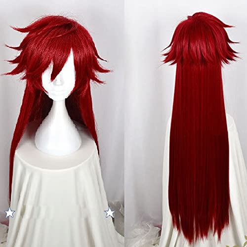 ydound Anime Coser Wig Kuroshitsuji Black Butler Grell Sutcliff Perücke Rot Lang Gerade Hitzebeständig Cosplay Perücke + Perückenkappe + Schädelkette Gläser von ydound