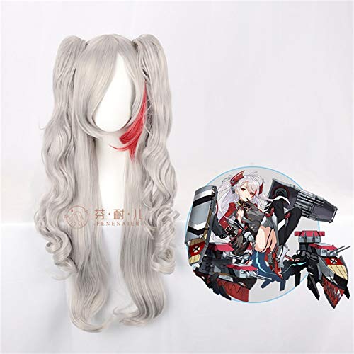 ydound Anime Coser Wig Spiel Azur Lane Prinz Eugen Perücke Cosplay Kostüm Silber Grau Verlauf Lang Curly Doppelschwanz Schwanz Pelucas von ydound