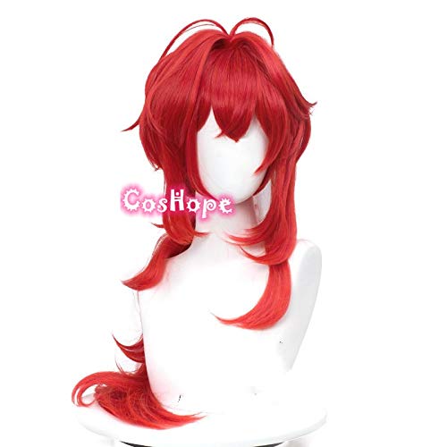 ydound Anime Coser pruik Genshin Wirkung Diluc Cosplay 60cm Langrote Perücke Cosplay Anime Cosplay Perücken Hitzebeständige synthetische Perücken Halloween von ydound