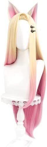 ydound Wig Anime Cosplay Anime K/DA Ahri Cosplay Perücke Lang Gerade Blonde Mischung Ombre Rosa Frauen Mädchen mit Ohren Haarnadeln for Halloween Kostüm Spiel Party Perücke von ydound