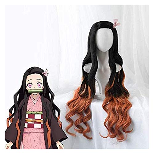 ydound Wig Anime Cosplay Anime Kamado Nezuko Cosplay Perücke Blade of The Demon Slayer Kimetsu no Yaiba Halloween Anime lockiges Haar gemischt schwarz braun + Perückenkappe KEEBON von ydound