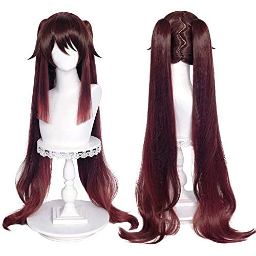 ydound Wig Anime Cosplay Braun-rote Cosplay-Perücke for Spiel Genshin Impact Gerade Cosplay-Haar-Perücken mit Pferdeschwänzen + Kappe (Hu Tao) von ydound