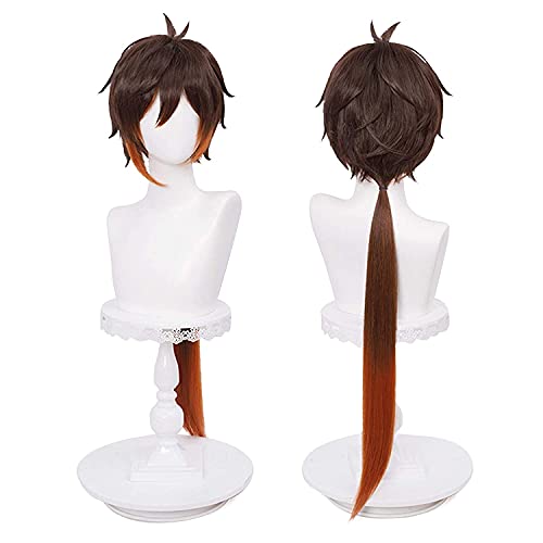 ydound Wig Anime Cosplay Braune Perücke for Zhongli Genshin Impact Anime Spiky Flauschige Cosplay-Haarperücken mit Pferdeschwänzen + Kappe von ydound