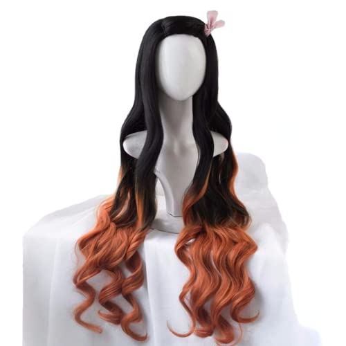 ydound Wig Anime Cosplay Damen Cosplay Perücke 39 Zoll Lace Front Cap Rollenspiel Perücke Anime Cosplay Perücken for Kamado Nezuko langes lockiges Haarteil, braunes und schwarzes Haar mit Farbverlauf von ydound