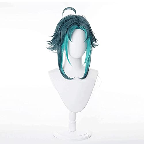 ydound Wig Anime Cosplay Genshin Impact Game Role Xiao Cosplay Perücke Blau Grün Center Parting Bang Kurze Lockige Perücke(Xiao) von ydound
