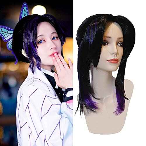 ydound Wig Anime Cosplay Kochou Shinobu Cosplay Short Black Purple Perücke Frauen Mädchen Anime Halloween Pferdeschwanz Perücke (Kochou Shinobu Black Purple Wig) von ydound