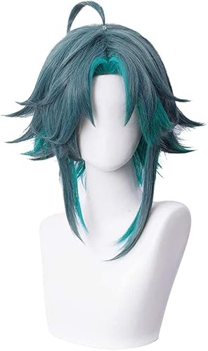 ydound Wig Anime Cosplay Kurze bläulich-grün-Blaue Perücke for Xiao Genshin Impact Game Anime Flauschige Cosplay-Haarperücken mit Pony + Kappe von ydound