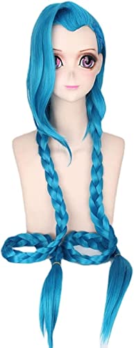 ydound Wig Anime Cosplay Lange Blaue geflochtene Perücke for Jinx Cosplay Perücke mit Pony Anime Spiel Haarperücke mit Zöpfen Zöpfen for Frauen Mädchen inklusive Kappe von ydound