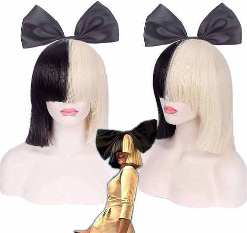 ydound Wig Anime Cosplay Perücke Sia-Kostüm-Perücke, 2 Ton, halbblond, Schwarze Bob-Perücke mit schwarzer Schleife, hochwertiges Kunsthaar, SIA-Cosplay-Perücken von ydound