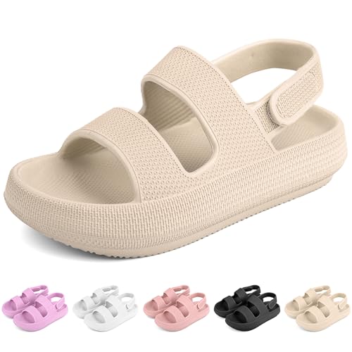 ydscsci Wolkensandalen für Kinder, Jungen, Mädchen, flache Schlupfsandalen, EVA, Sommer, schnell trocknend, Kissen-Slipper mit Klettverschluss auf der Rückseite, Beige, 4 Big Kid von ydscsci