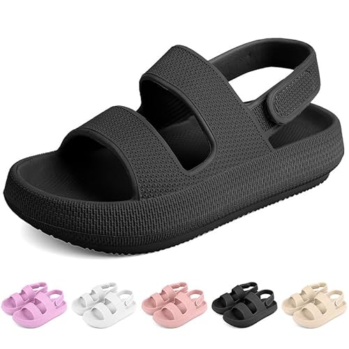 ydscsci Wolkensandalen für Kinder, Jungen, Mädchen, flache Schlupfsandalen, EVA, Sommer, schnell trocknend, Kissen-Slipper mit Klettverschluss auf der Rückseite, Schwarz, 3 Big Kid von ydscsci