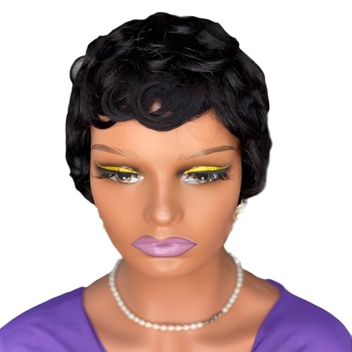 10 cm Pixie Cut Perücke für schwarze Frauen, 1B natürliches schwarzes Echthaar, verstellbare Kappe mit bequemer Passform von yeeplant