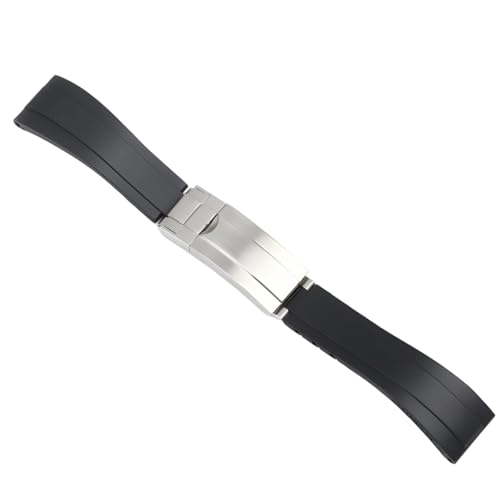 20 mm schwarzes Silikon-Ersatzarmband mit silberfarbener Schnalle, wasserdicht, Mikro-Verstellverschluss, gebogenes Design von yeeplant