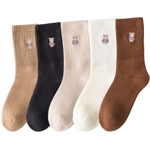 5 Paar Thermo-Socken im Vintage-Stil, Cartoon-Crew-Socken für Damen, dick, atmungsaktiv, elastisch, Winter, Freizeitsocken, einfach, Einheitsgröße, Baumwolle, Ohne Edelstein von yeeplant
