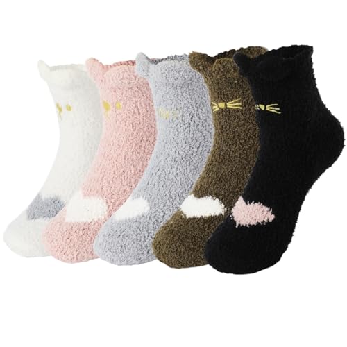 5 Paar warme Wintersocken mit niedlichen Tierdrucken, gemütliche Schlafsocken, flauschige Hausschuhsocken für Damen von yeeplant