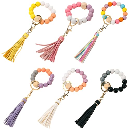 6-teiliges Perlen-Schlüsselanhänger-Set, buntes Holzperlen-Armband mit Quaste, perfekt für Taschen und Autos von yeeplant
