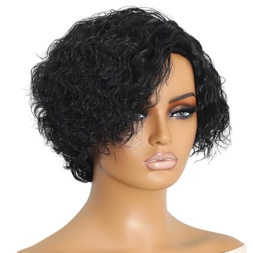 8 Zoll Pixie Cut Black Wig Short Curly Human Hair Bob 180% Density Natural Hairline Adjustable Cap Breathable And Versatile von yeeplant