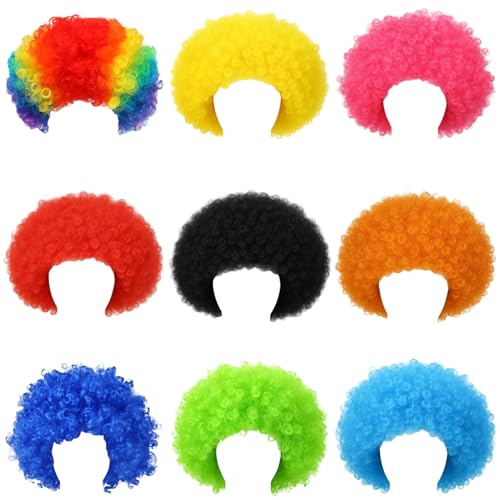 9-teiliges Clown-Perücken-Set, bunte Afro-Kostüm-Perücken für Motto-Partys oder Halloween, inklusive elastischem Stirnband, passend für Erwachsene und Kinder, hergestellt aus Kunstfaser von yeeplant