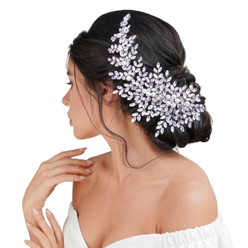 Damen-Haarkamm mit Kristall- und Perlenverzierung, 25,4 cm, gebogener Brautkamm mit Strassverzierung von yeeplant
