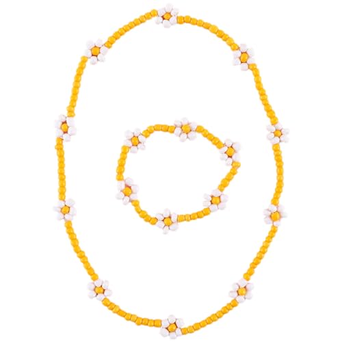 Elastische einfache Blumen-Perlen-Halskette mit passendem Armband – Vintage, eleganter Strand-Stil, Kunststoff, trendiges Accessoire, Einheitsgröße, Kunststoff, Kein edelstein von yeeplant