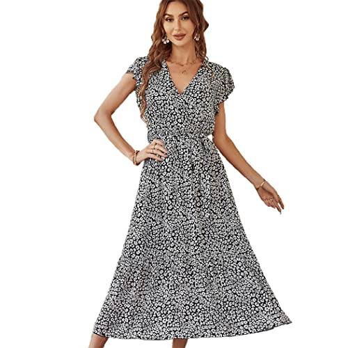 Elegantes Boho-Kleid mit V-Ausschnitt: Strandkleid, lässig, Polyester, langes Sommerkleid, Blumenmuster, Damenkleid für Dating, Reisen, Arbeit, Urlaub, Einheitsgröße, Baumwolle, Ohne Edelstein von yeeplant