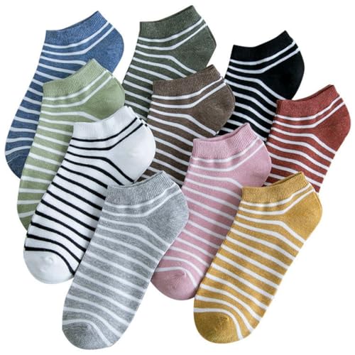 Gemütliche Baumwollsocken für Damen, gestreift, niedrig geschnitten, elastisch, atmungsaktiv, weich, 10 Paar, Einheitsgröße, Baumwolle, Ohne Edelstein von yeeplant