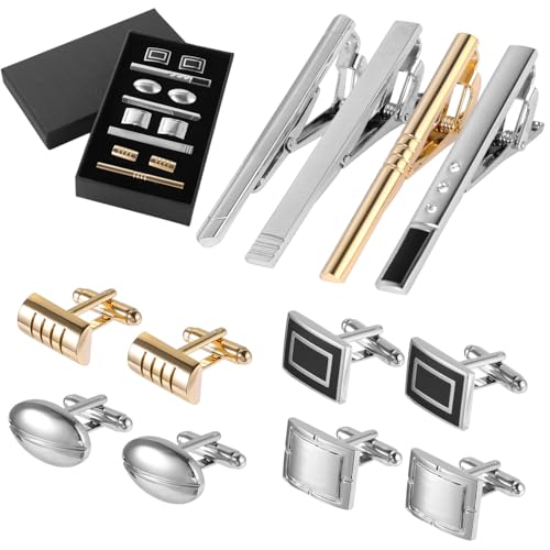 Krawattenklammern und Manschettenknöpfe für Herren, silber- und goldfarben, 4 Krawattenklammern und 4 Paar Manschettenknöpfe, glänzendes Metall, moderner Stil, elegante Geschenkbox, ideal für Vatertag von yeeplant