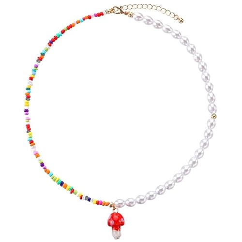Modische Halskette mit ethnischen Perlen, Pilzanhänger, Kunstperlen, verstellbare Damen-Halskette, Einheitsgröße, Perlen, Kein Edelstein von yeeplant