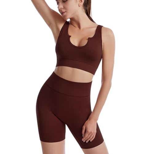 Outfit für Workout, 2-teiliges Set, Top Crop gerippt, langlebig, schnelltrocknend, einfach, elastisch, modisch, atmungsaktiv, Yoga-Shorts, M, Baumwolle, Kein Edelstein von yeeplant