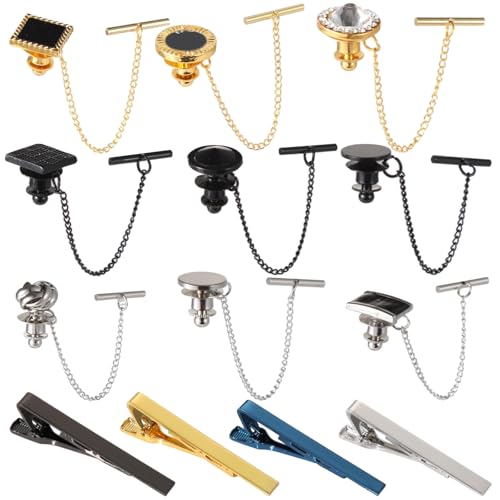 Set mit 13 Krawattennadeln und Clips für Herren – Kettenverschluss im T-Stil, kräftige Farben aus poliertem Metall, runde und quadratische Akzente von yeeplant
