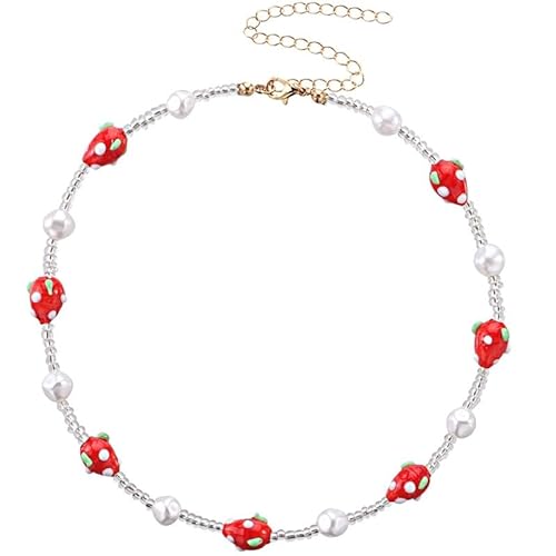 Verstellbare ethnische trendige Boho-Halskette mit Erdbeer-Perlen, künstliche Perlen, kurze Boho-Halskette, Einheitsgröße, Perlen, Kein Edelstein von yeeplant