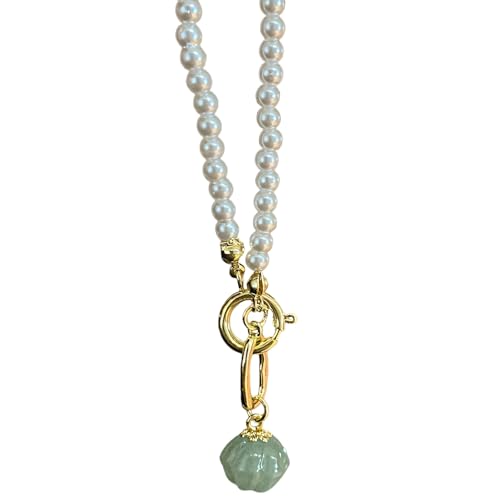 Verstellbare goldene Perlen-Halskette mit grünem Stein-Anhänger, 41 cm, Kupferlegierung und künstliche Perlen für Vintage und moderne Mode von yeeplant