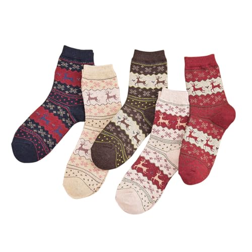 Weiche warme festliche gemusterte Hirschsocken für Mädchen, dekorativ, Weihnachten, 5 Paar, bedruckt, atmungsaktiv, Einheitsgröße, Kunstwollstoff von yeeplant