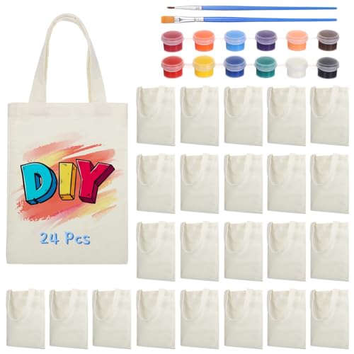 yeeplant 24-teilige Mini-Canvas-Tragetaschen, leere Handtaschen für Kinder, wiederverwendbare Einkaufstaschen mit 12-farbigem Acrylfarben-Set, perfekt für Kunst und Handwerk von yeeplant