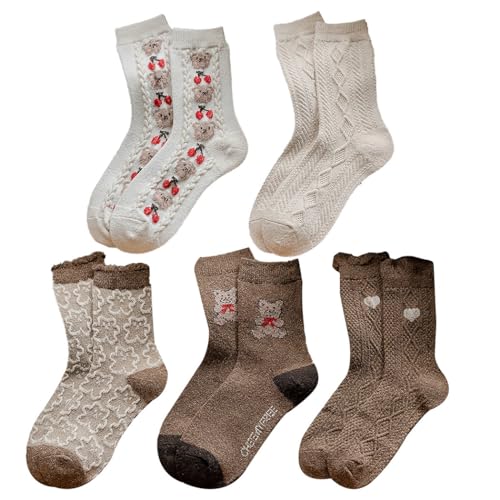yeeplant Crew-Socken für Mädchen, Cartoon-Vintage-Stil, süße Wolle, weich, dick, 5 Paar, Winter, lässig, Heimsocken, grau, Einheitsgröße von yeeplant