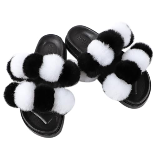 yeeplant Damen Offene Zehen Slides mit modischem Pom Pom Ball - Weiche Kunstpantoffeln für drinnen und draußen, Weiß, Schwarz, Größe 19, Einheitsgröße von yeeplant