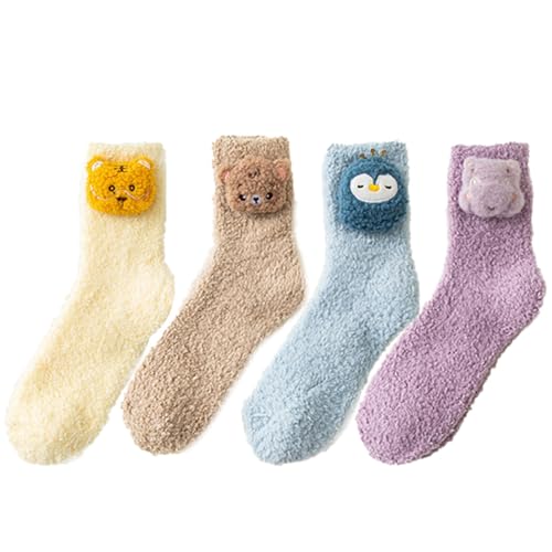 yeeplant Fuzzy Cute Damen Neuheit Schlafsocken, 4 Paar Set – dicke, weiche, gemütliche Cartoon-flauschige Hausschuh-Socken, mehrfarbig, Einheitsgröße von yeeplant