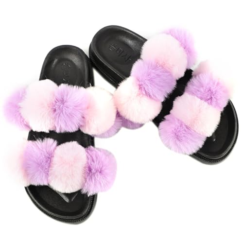 yeeplant Fuzzy Slides mit Bommelbällen für Damen – weiche, flache, modische Hausschuhe mit offenem Zehenbereich für drinnen und draußen, rose, Medium von yeeplant