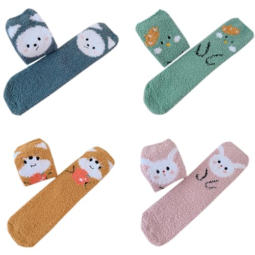 yeeplant Gemütliche Cartoon-Tier-Hausschuh-Socken, 4 Paar, atmungsaktiv, flauschig, niedlich, Schlafsocken, Orange, Silber, Einheitsgröße von yeeplant