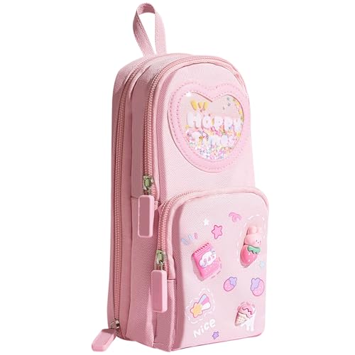 yeeplant Kawaii Stehendes Federmäppchen, Doppelreißverschluss, Canvas-Organizer mit Happy Times-Design, inklusive 5 Pastell-Gelstiften von yeeplant