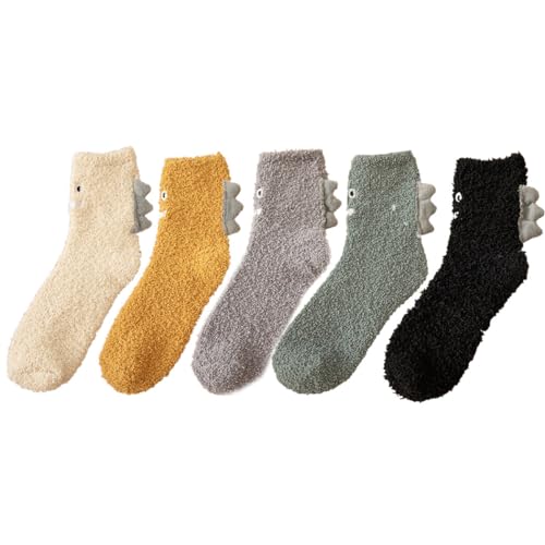 yeeplant Kuschelige flauschige Dinosaurier-Socken für Mädchen, 5 Paar, dick, warm, Neuheit, flauschig, Cartoon, zum Schlafen, Schwarz , 33 EU von yeeplant