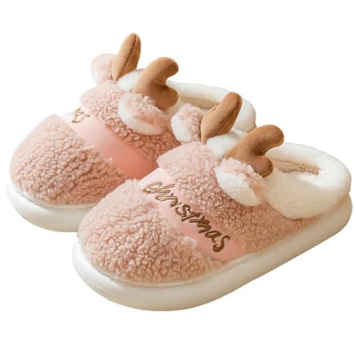 yeeplant Winter 3D Elch rutschfeste Hausschuhe flauschig – Cartoon Unisex Weihnachten Slides, rose, Einheitsgröße von yeeplant